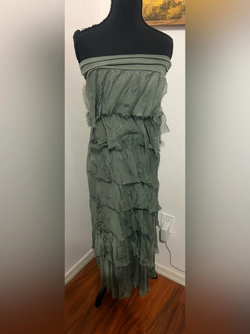 Vintage Made in Italy Silk Tiered Ruffle Maxi Skirt - Olive Green - Small